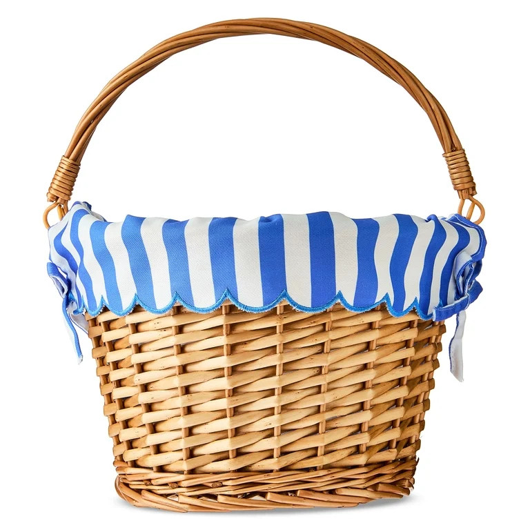 Round Willow Basket with Scalloped Stripe Liner, Natural Brown/Blue/White, 11.5" x 8", Easter by ... | Walmart (US)