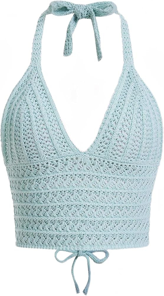 Women Sexy Hollow Out Crochet Crop Halter Tops Y2K Knitted V Neck Sleeveless Backless Lace Up Cro... | Amazon (US)