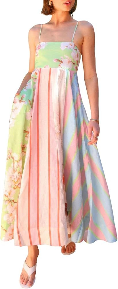 ebossy Women's Floral Striped Back Smocked Maxi Dress Spaghetti Strap Flowy Swing A-Line Sundress... | Amazon (US)