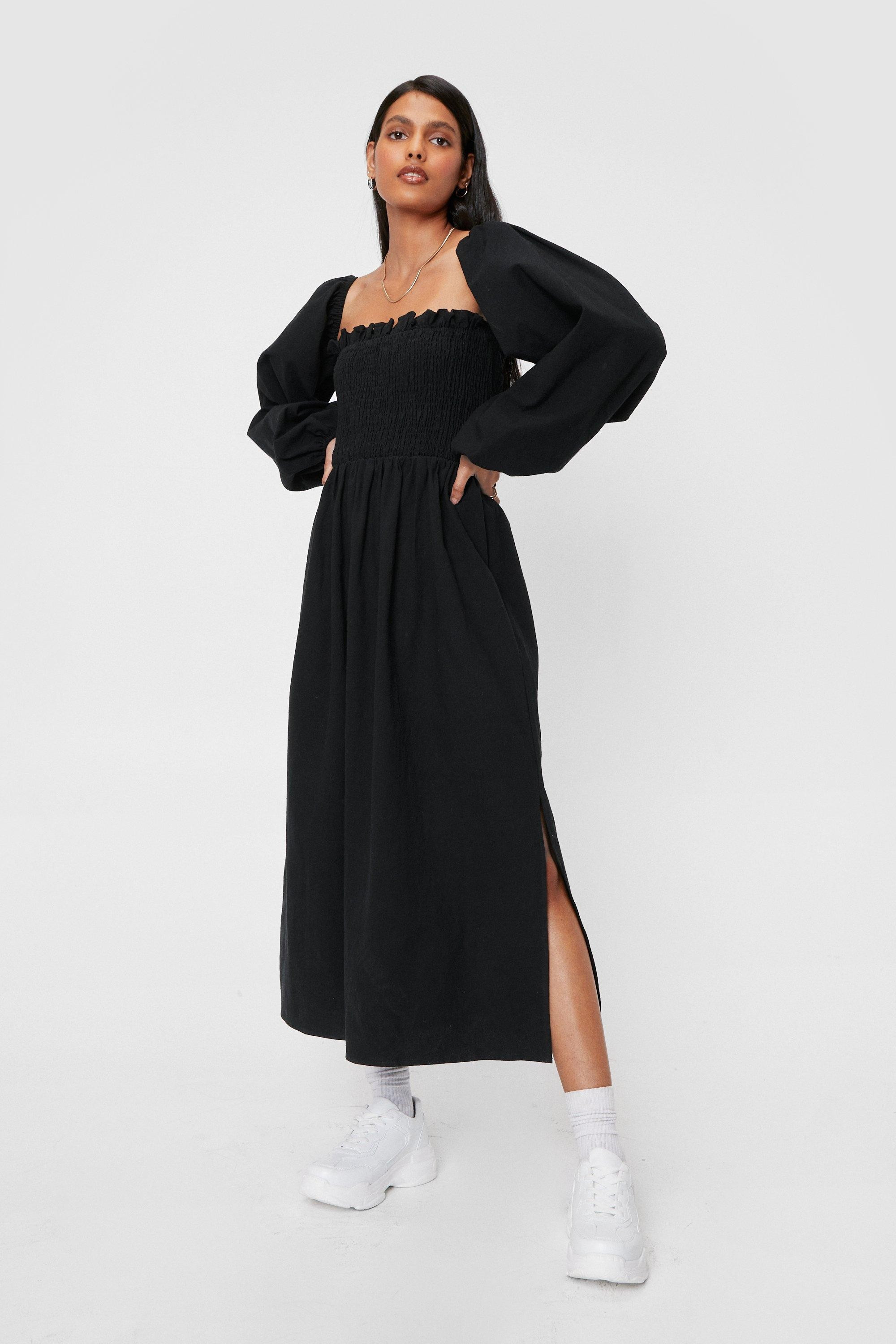 Linen Look Balloon Sleeve Shirred Midi Dress | NastyGal (UK, IE)