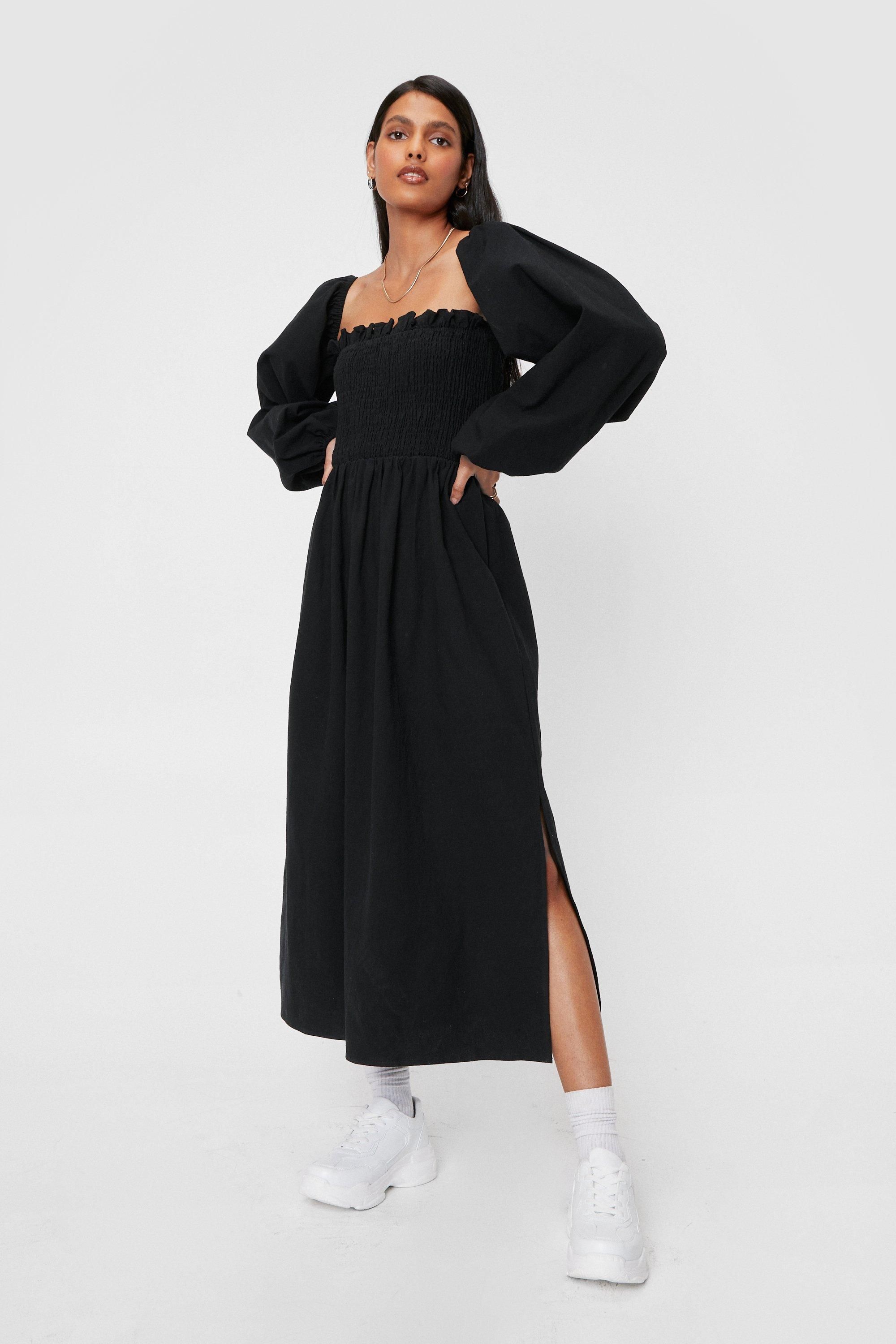 Linen Look Balloon Sleeve Shirred Midi Dress | Nasty Gal Canada