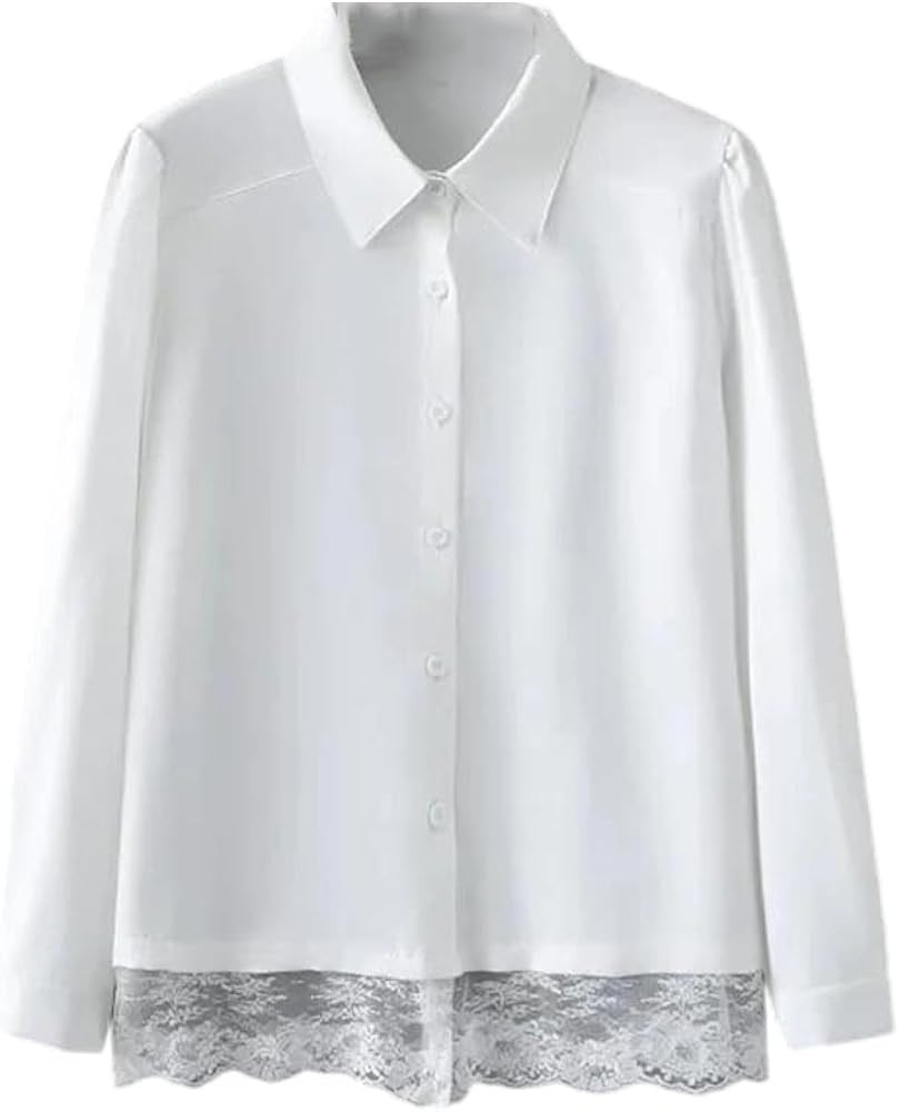Women's Loose Button-Down Blouses - Chiffon Fabric with Lace Stitching Puff Sleeve Shirt Tops | Amazon (US)