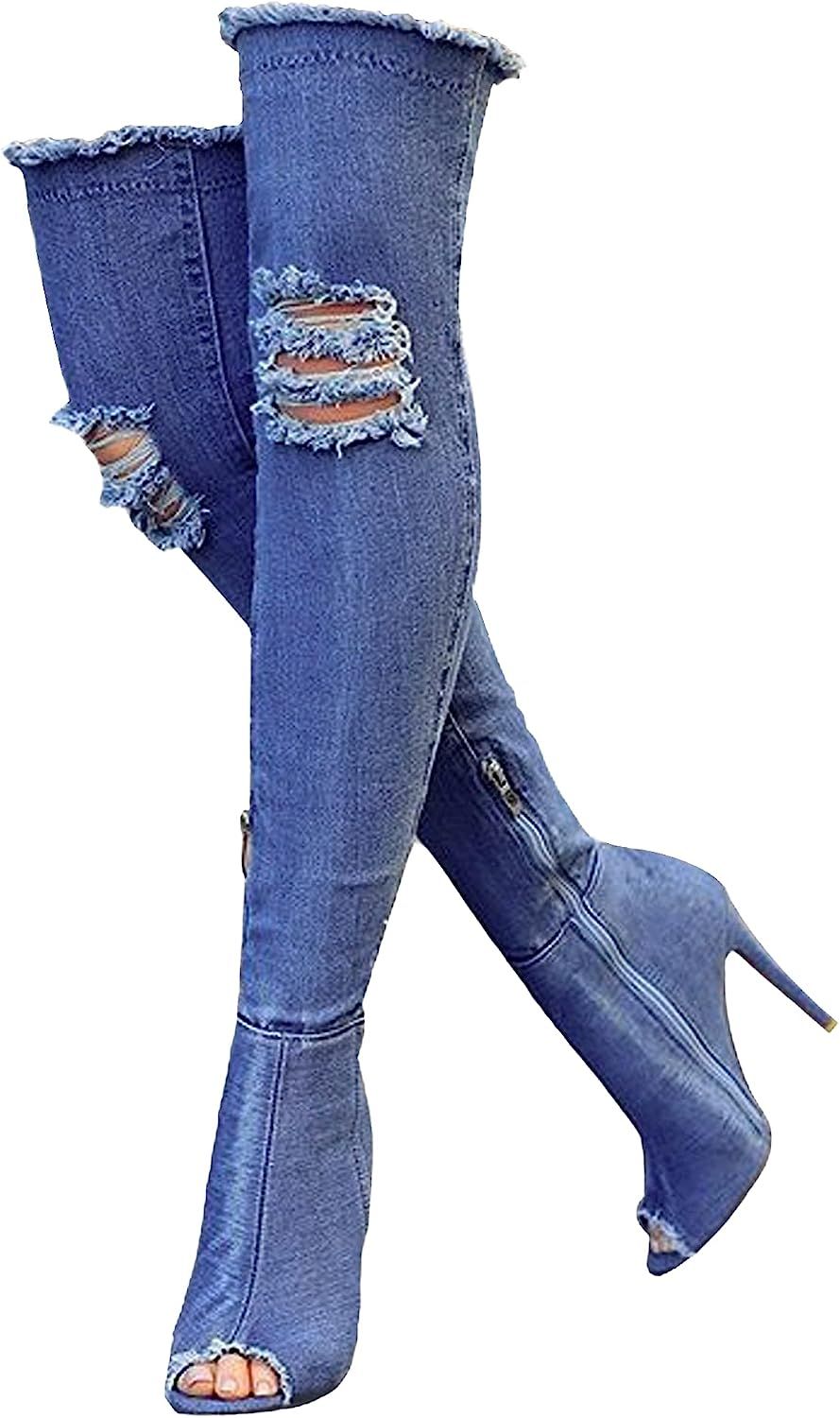 Denim Blue Thigh High Boots for women Summer peep toe stiletto heels fashion Jeans Over The Knee ... | Amazon (US)
