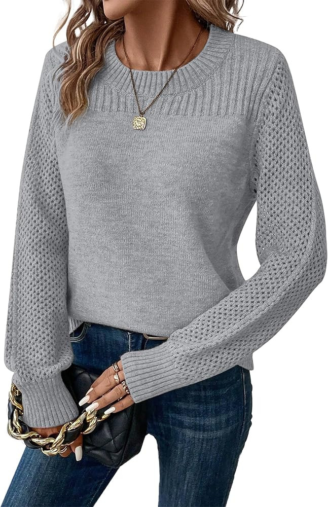 Womens Sweaters Casual Long Sleeve Crewneck Crochet Knit Pullover Sweater Tops 2025 Fall Fashion ... | Amazon (US)