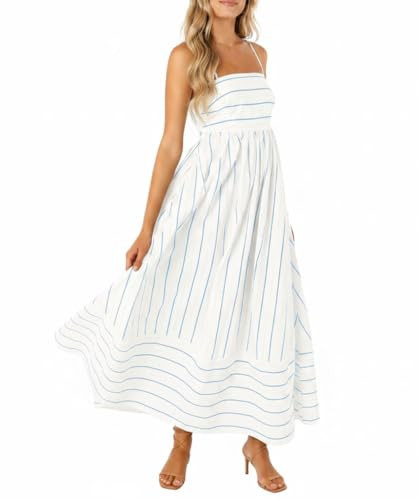 chouyatou Women's Striped Back Smocked Maxi Dress Sexy Spaghetti Strap Cut Out Flowy Swing Long D... | Amazon (US)