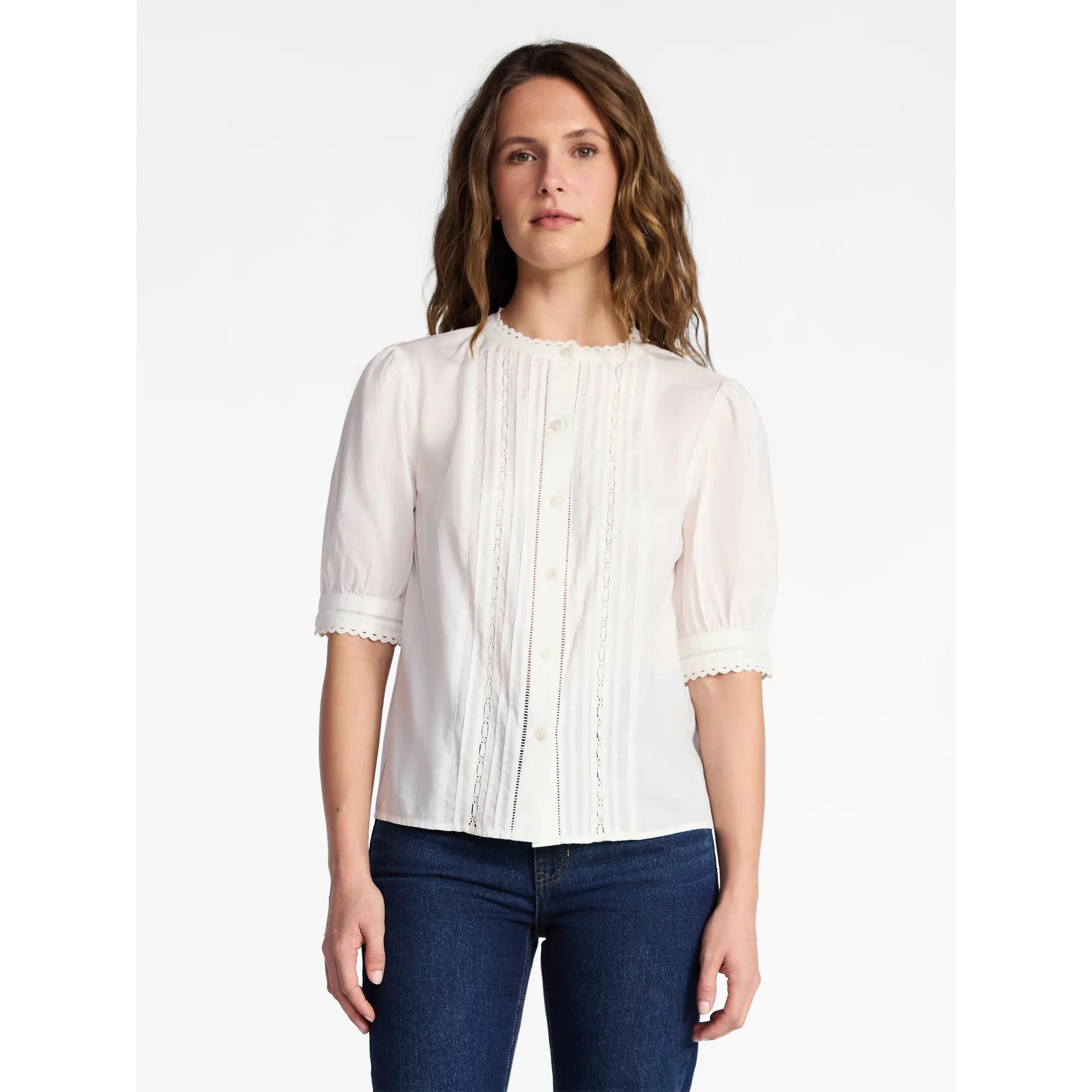 Time and Tru Women's and Women's Plus Cotton Lace Inset Blouse with Elbow Length Sleeves, Sizes X... | Walmart (US)