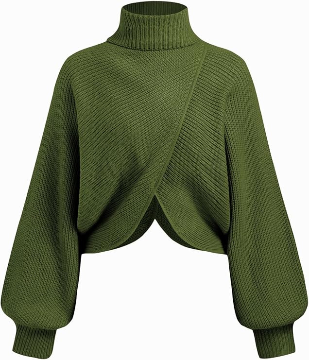 CIDER Cropped Sweaters for Women Turtleneck Sweater Long Sleeve Ribbed Knit Lantern Sleeve Pullov... | Amazon (US)