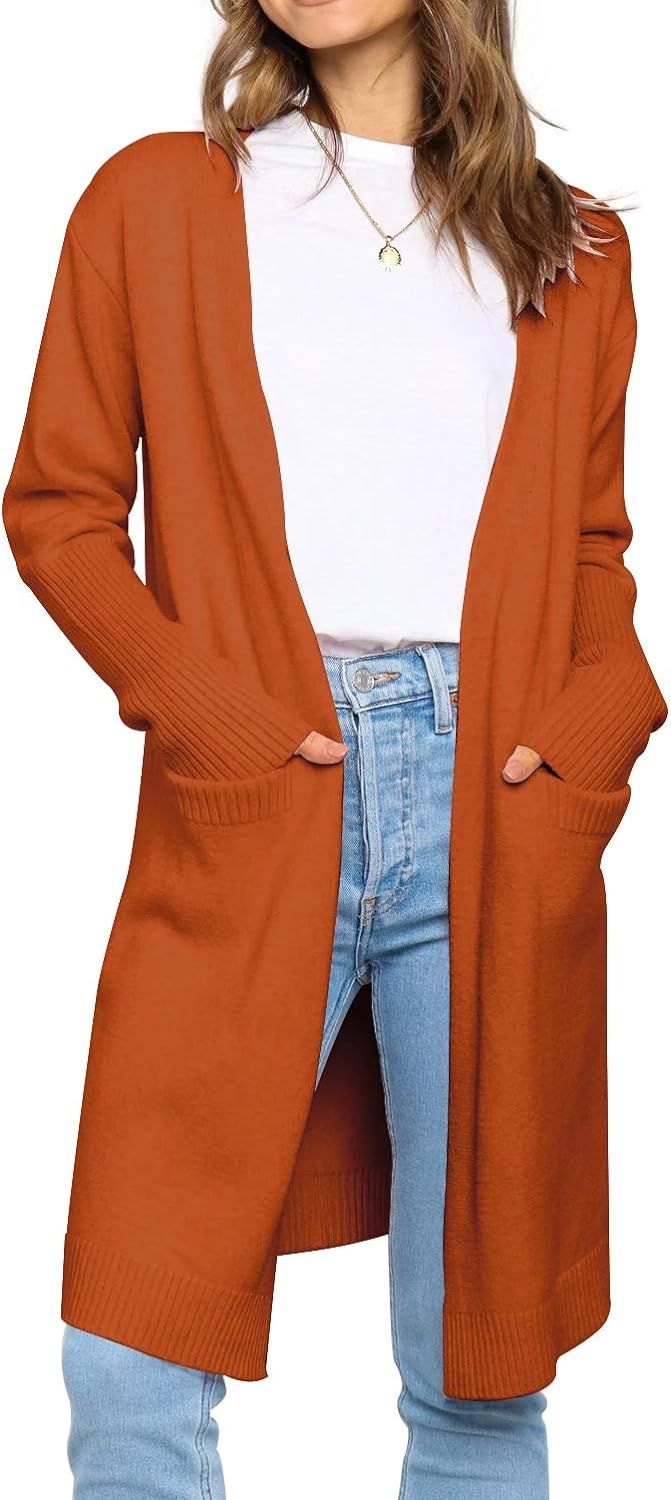 Prinbara Women's Casual Open Front Knit Cardigans Long Sleeve Plush Sweater Coat with Pockets | Amazon (US)