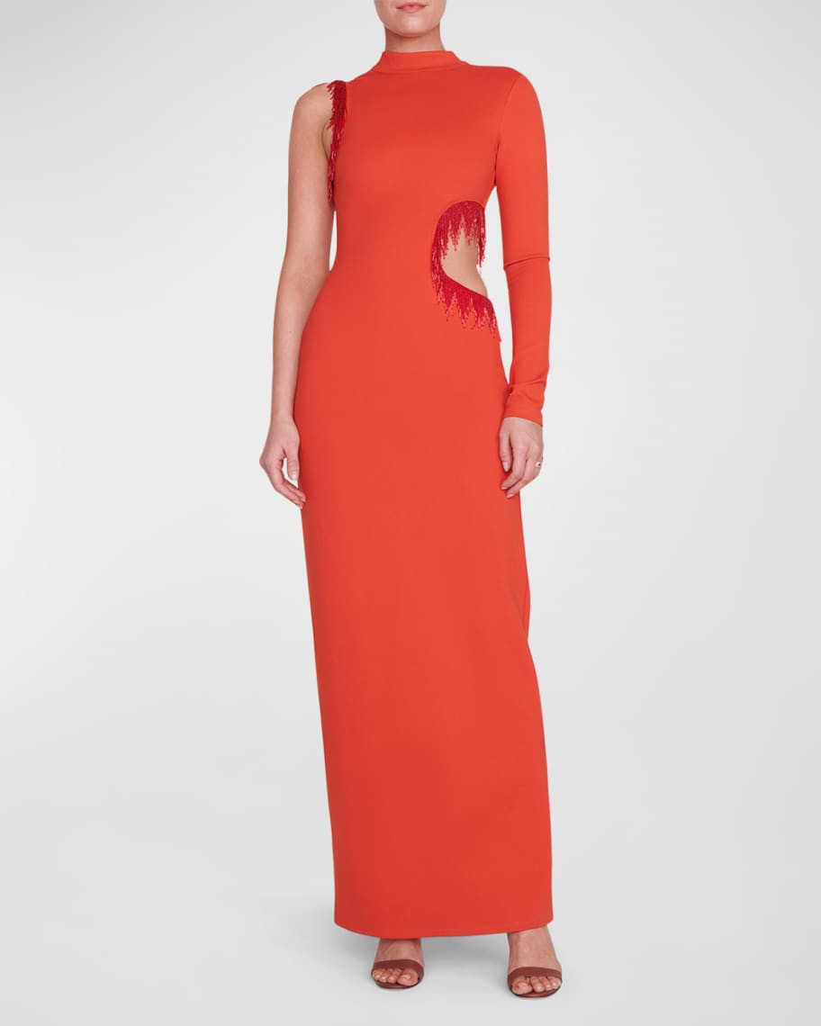 Staud Kirsten One-Sleeve Cut-Out Fringed Column Maxi Dress | Neiman Marcus