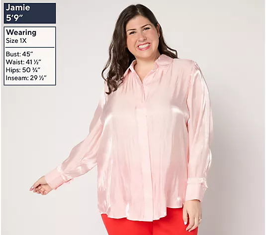 by Stacy London Metallic Foundation Button Front Shirt - QVC.com | QVC