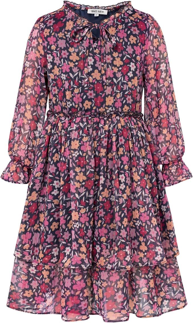 Girls Floral Long Sleeve Dress A-Line Smocked Waist Holiday Boho Dresses 5-12Years | Amazon (US)