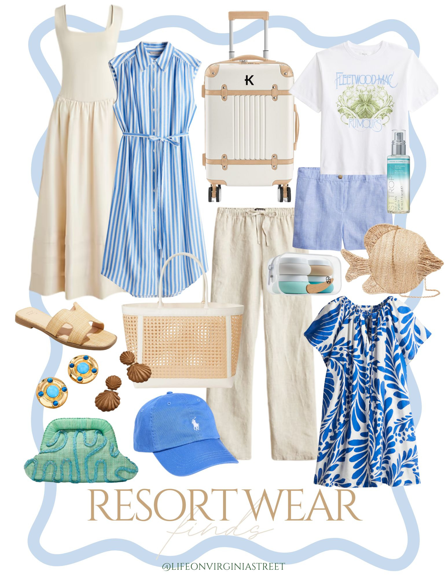 The cutest 2025 resort wear finds in shades of water and sand! Includes a drop waist maxi, striped shirtdress, carry-on luggage, Fleetwood Mac tee, linen shorts, linen pants, beach totes, fish purse, resort wear earrings, and more! #ltktravel #ltkswim #ltkfindsunder50 #ltkfindsunder100 #ltkstyletipe #ltkover40 #ltkseasonal #ltkitbag #ltkshoecrush #ltkmidsize 

 #LTKOver40 #LTKFindsUnder50 #LTKTravel