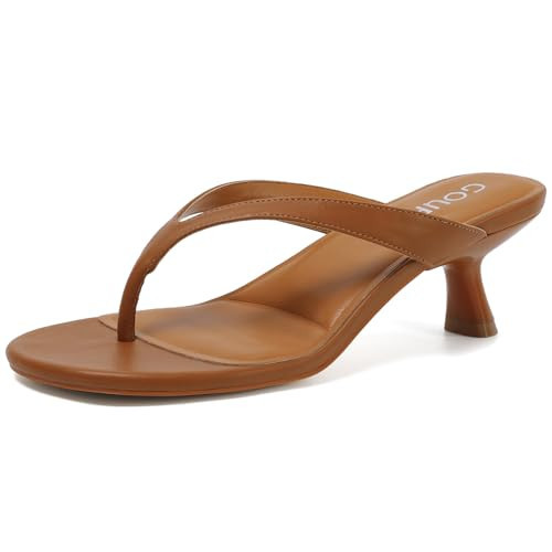 GOUPSKY Brown Kitten Heels for Women Tan Round Open Toe Sandals Flip Flop Heels Summer Low Heeled Thong Sandals | Amazon (US)