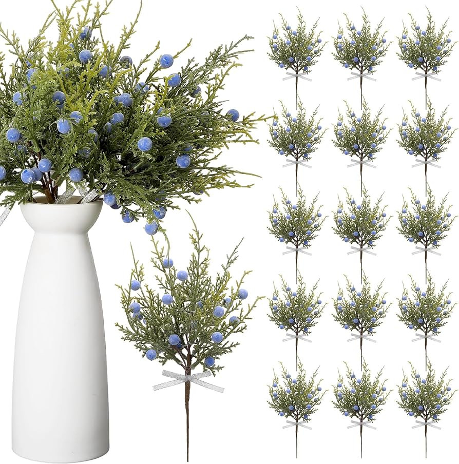 Lyrow 15 Pcs Artificial Pine Leaves Branches with Berries Artificial Juniper Cedar Spray Greenery... | Amazon (US)