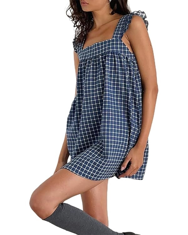 Mxiqqpltky Womens Summer Mini Dress Y2K Striped Tie Up Spaghetti Strap Swing Short Dress Cute Loo... | Amazon (US)