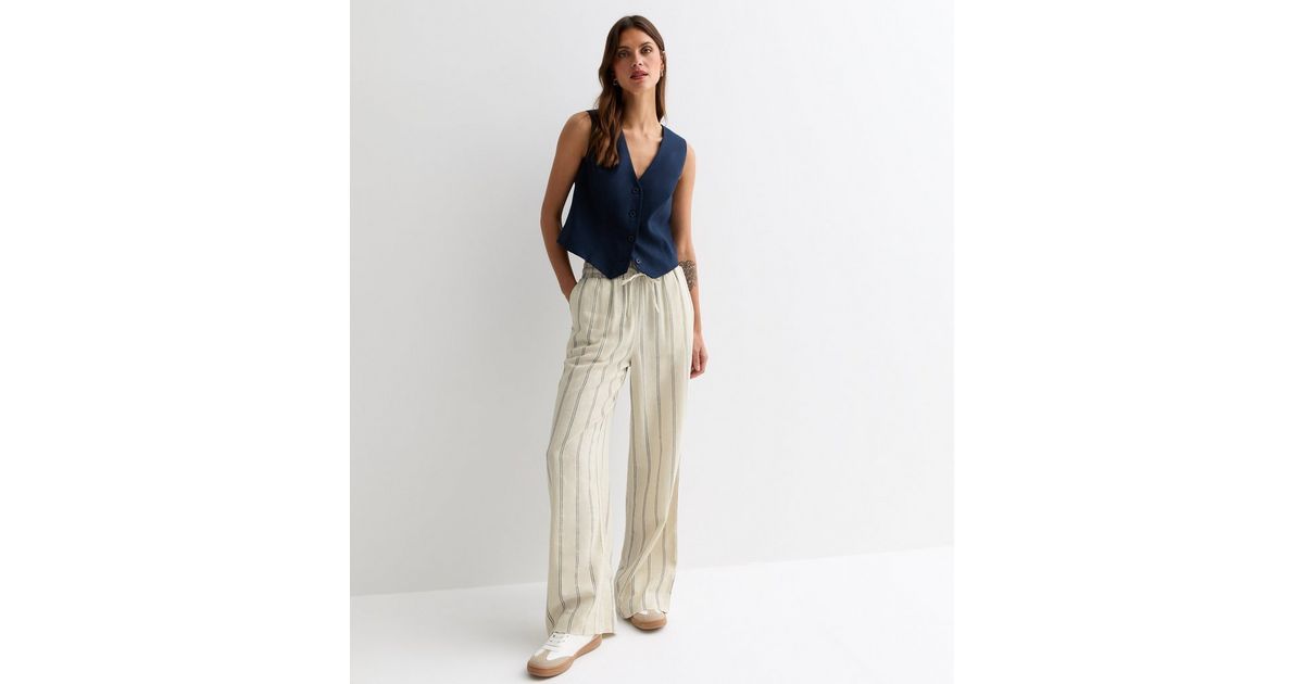Off White Stripe Linen Blend Wide Leg Trousers
						
						Add to Saved Items
						Remove from ... | New Look (UK)