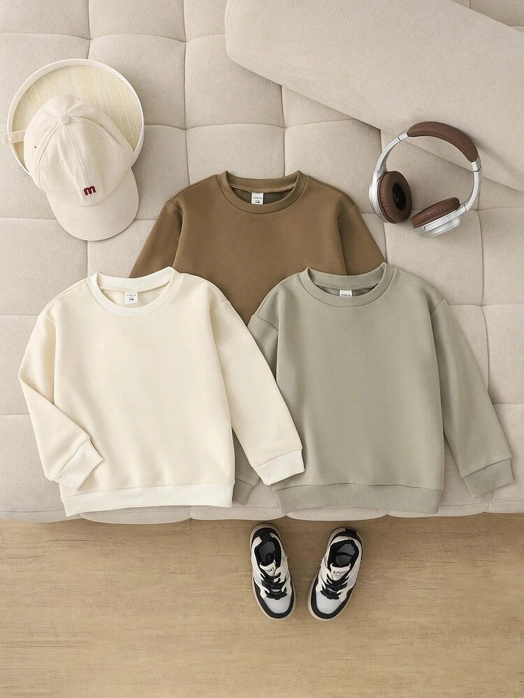 SHEIN Playful Pals 3pcs/Set Unisex Baby Sweatshirts Long Sleeve Crew Neck Pullover Loose Fit Soli... | SHEIN
