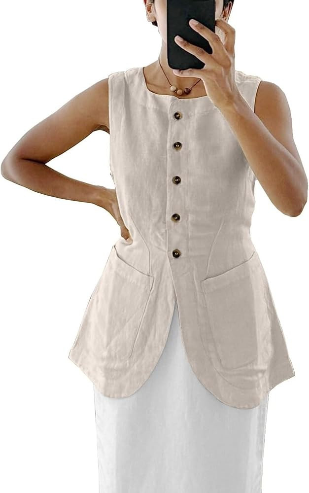 Long Linen Waistcoat Vest for Women Summer Casual High Neck Button Down Sleeveless Tops with Pock... | Amazon (US)