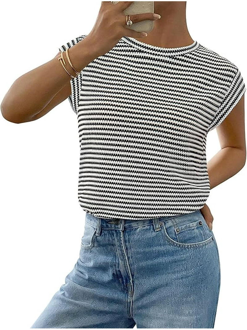 PRETTYGARDEN Women's Spring Vest Tops Cap Sleeve Striped Shirt Knit Tank Top Summer Beach Vacatio... | Walmart (US)
