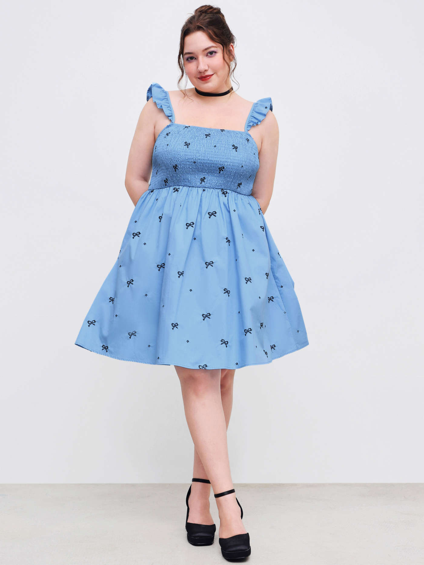 Woven Square Neck Bowknot Embroidery Ruffle Mini Dress Curve & Plus | Cider