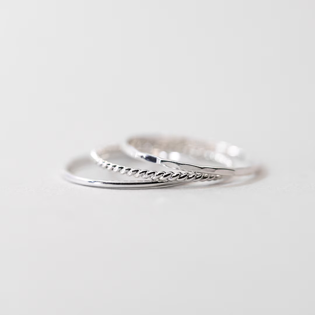 Set of 3 Thin Silver Stacking Rings, Smooth, Hammered, Twist sterling silver stacking rings | Etsy (US)