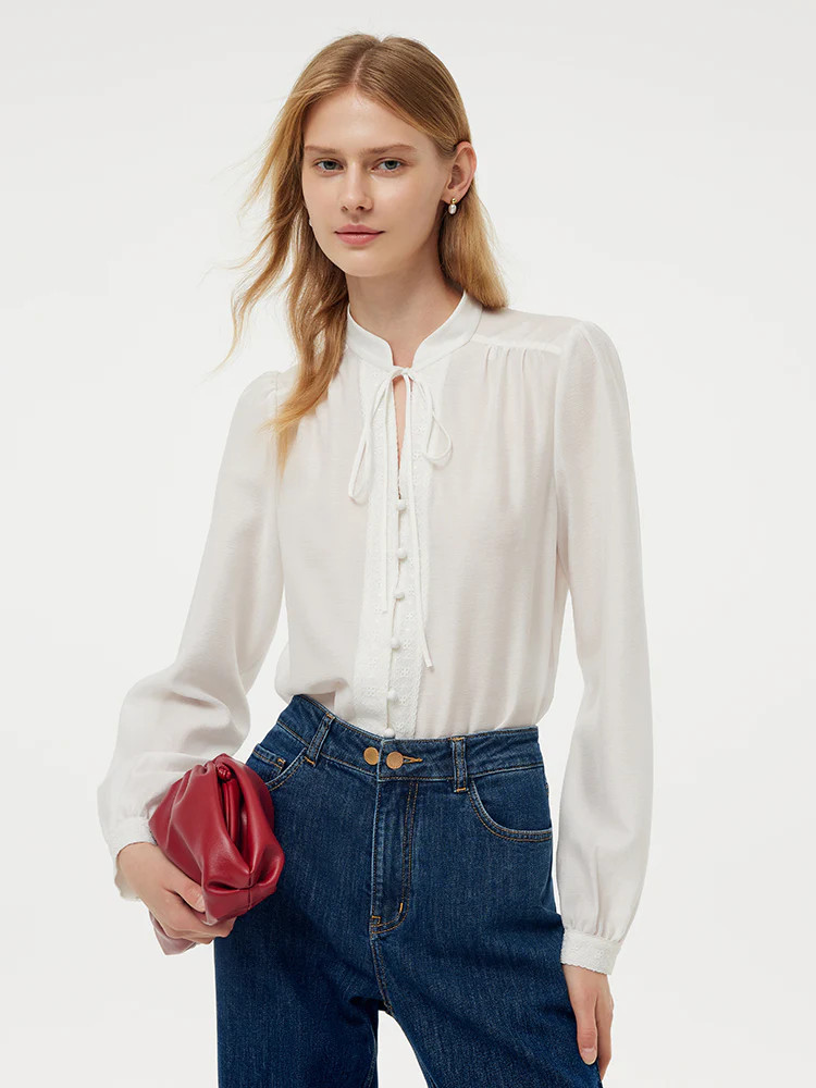 Tie Front Neck Women Blouse - Off White / S | GOELIA