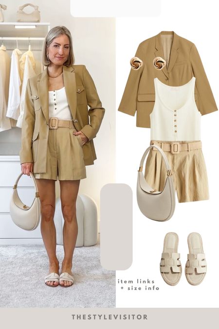 Holiday outfit idea 🏝️ 

‼️Don’t forget to tap 🖤 to add this post to your favorites folder below and come back later to shop

Make sure to check out the size reviews/guides to pick the right size

Linen shorts, belted shorts, knit tank top, buttoned tank top, mustard colored blazer, songmont, luna hand bag, slides, sandals, summer outfit, summer look

#LTKeurope #LTKSeasonal #LTKstyletip