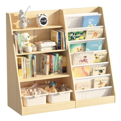 HedoAjim 4 Tier Kids Bookshelf Baby Toddler Book Rack Children Bookcase Toy Storage Organizer with 6 Sling Adjustable Shelf for Nursery Playroom Classroom Library Bedroom Natural Wood | Amazon (US)