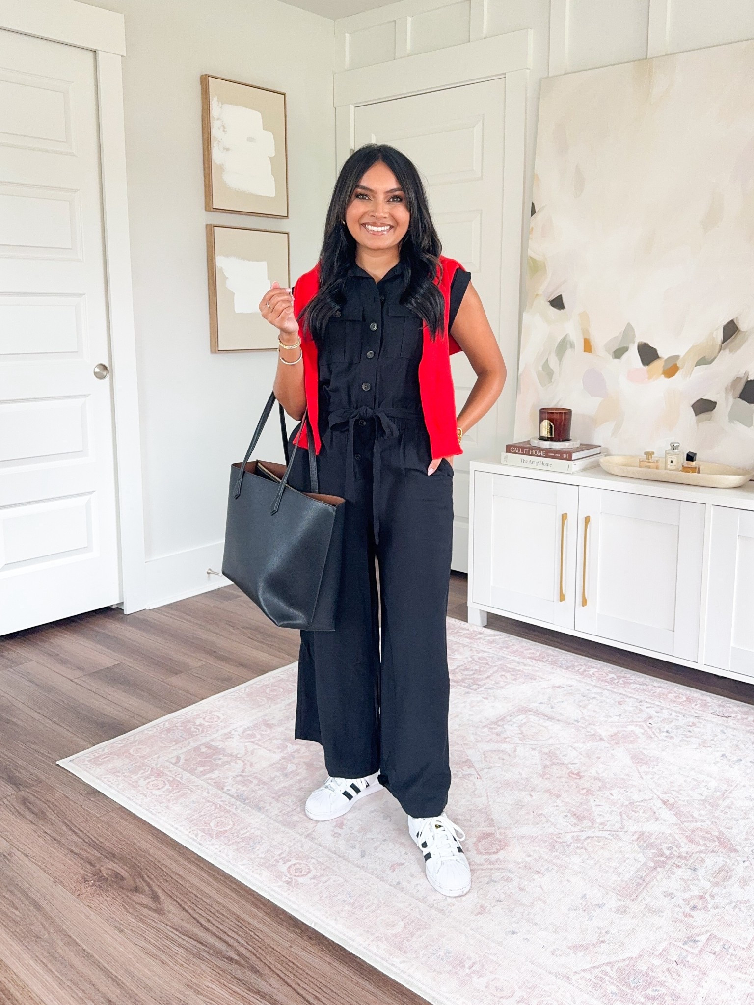 Black jumpsuit size xs petite TTS
Red cardigan size xs petite TTS
Black and white sneakers size 5.5 / 6.5 TTS


#LTKStyleTip #LTKSaleAlert #LTKPetite