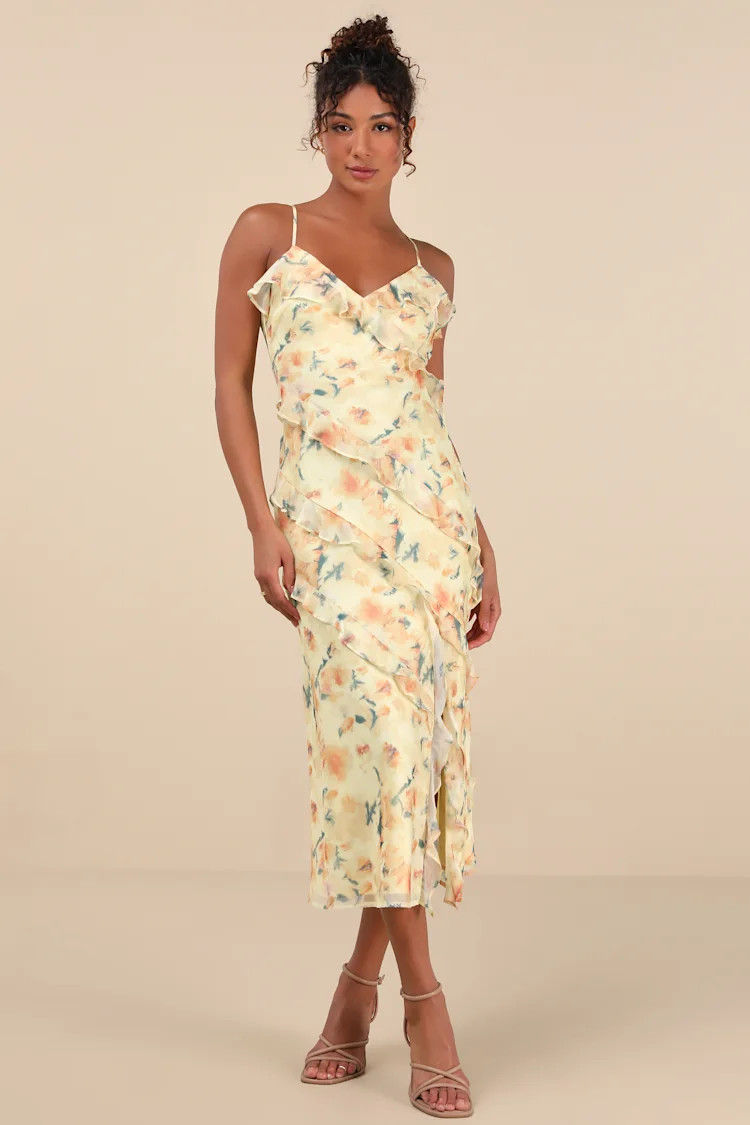 Dreamy Personality Yellow Floral Ruffled Sleeveless Midi Dress | Lulus