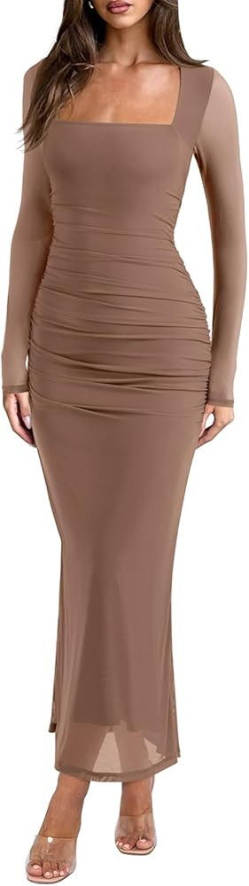REORIA Long Sleeve Wedding Guest Maxi Dresses for Women Sheer Mesh Square Neck Ruched Bodycon Lon... | Amazon (US)