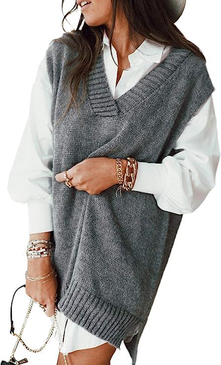 AlvaQ Women Sweater Vest Oversized Cable Knitted V Neck Loose Sleeveless Sweaters Tops | Amazon (US)