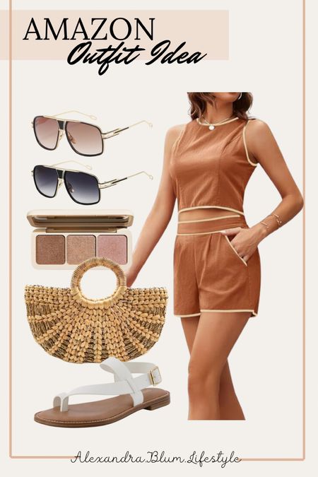 Cute summer outfit idea! Perfect vacation and travel outfit! Matching set shorts and tank top, beach tote bag purse, white sandals, sunglasses, and contour makeup palette! All from Amazon! Summer outfit! Spring outfit! 

#LTKtravel #LTKstyletip #LTKfindsunder50