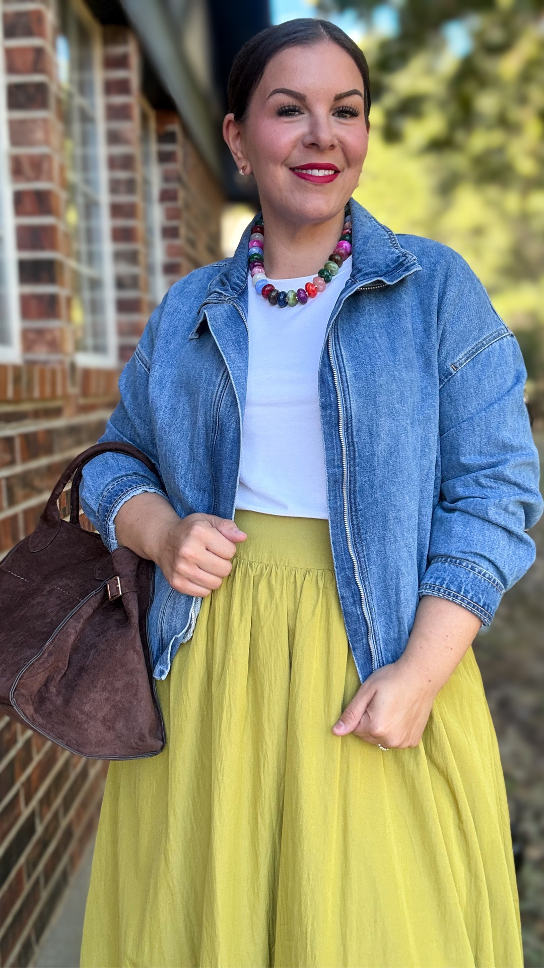 Comfy + colorful midsize fall outfit! This Amazon skirt can be styled so many ways and comes in lots of other colors - but I am in LOVE with the chartreuse green! I’m 5’7 wearing the XL in both the skirt and denim jacket.