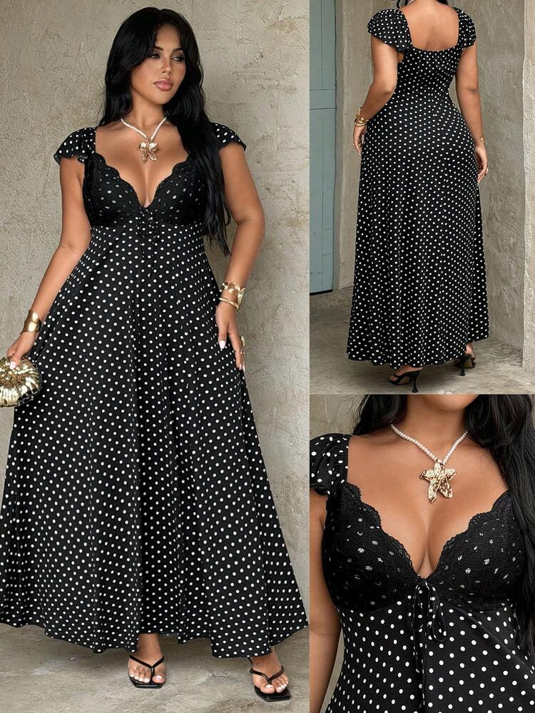 Rustia Plus Size Elegant Sexy Lace Polka Dot Fitted A-Line Cute Retro Ruffle Sleeve Short Sleeve Maxi Dress For Women, Spring/Summer | SHEIN