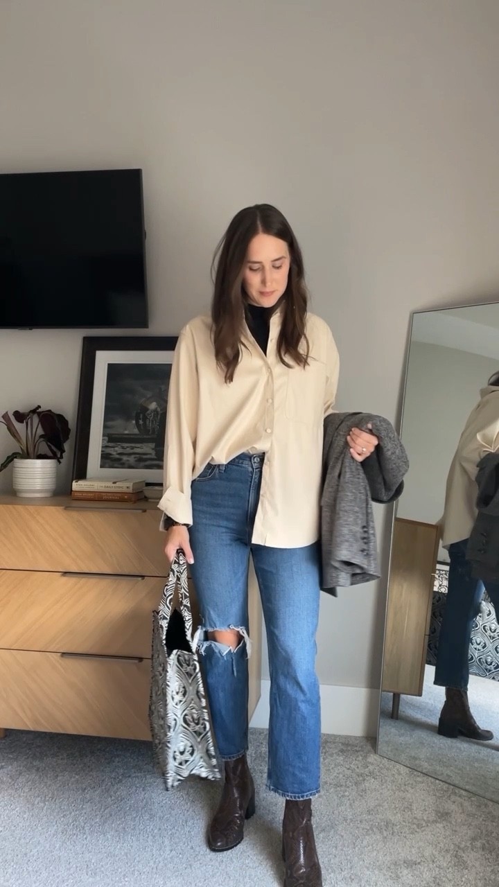 A perfectly layered look. I sized up in the faux leather button down from Target for an extra oversized look. Comes in a deep brown color too! Under $30 & a fantastic closet staple. #fauxleather #buttondown #falloutfit #jeans #totebag #fall #easyoutfits 

#LTKstyletip #LTKunder50 #LTKitbag