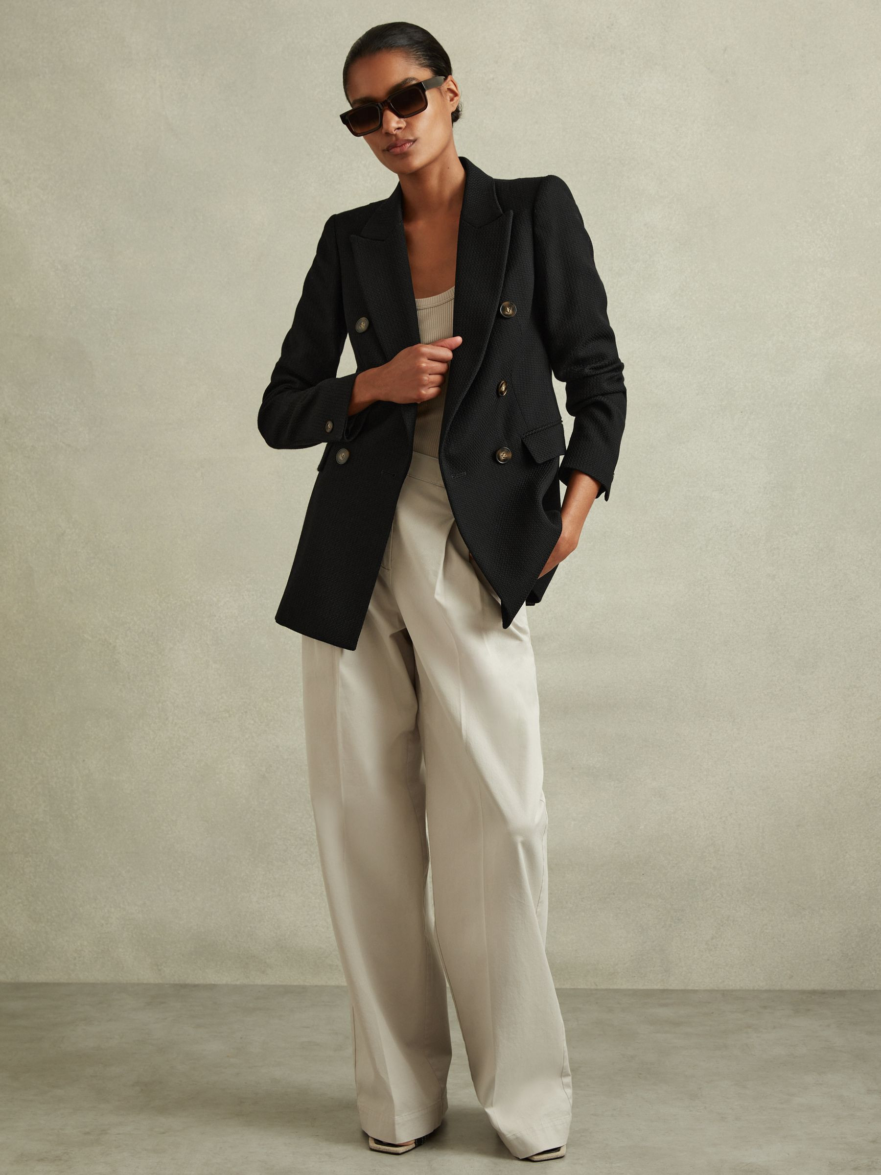 Petite Tailored Textured Wool Blend Double Breasted Blazer in Black | Reiss UK