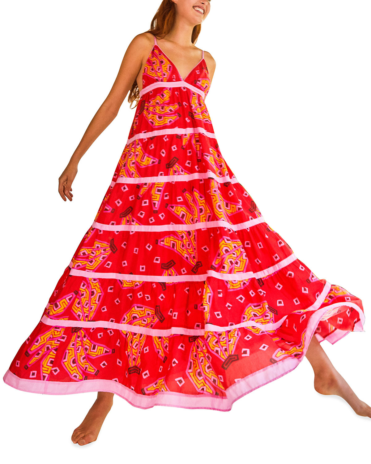 Red Tiki Bananas Maxi Trapeze Dress | Neiman Marcus