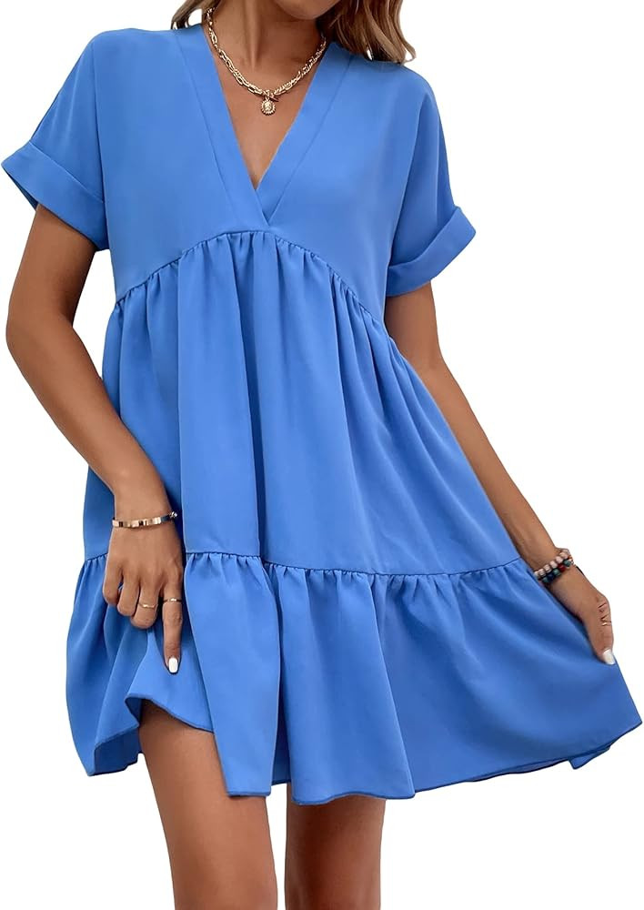 WDIRARA Women's Roll Up Short Sleeve V Neck Ruffle Hem Solid Swing Smock Dress | Amazon (US)
