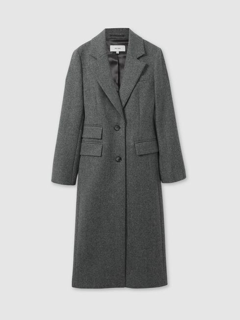 Wool-Blend Serge Longline Coat in Grey | Reiss UK