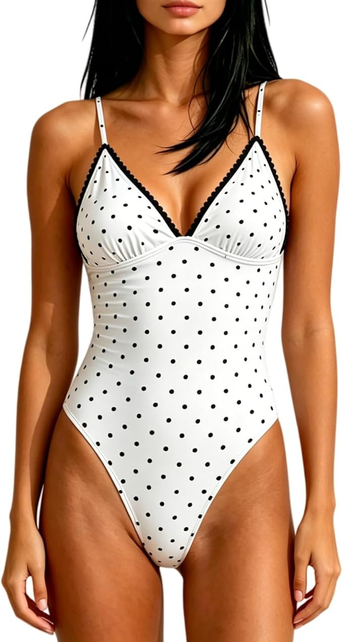 One Piece Polka Dot Swimsuit for Women Deep V-Neck Full Coverage Bathing Suits Ruffle Trim Tummy ... | Amazon (US)