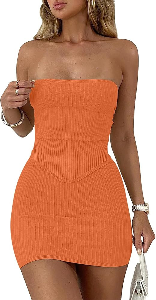 ANRABESS Women 2 Piece Skirt Sets Summer Strapless Crop Top Matching Bodycon Sexy Going Out Mini ... | Amazon (US)