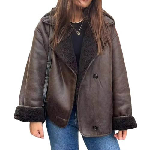HOTIAN Womens Lamb Fur Faux Suede Jacket Coat Lapel Bomber Outwear Warm Biker Fleece Shearling Top Overcoat(Brown-S) | Amazon (US)