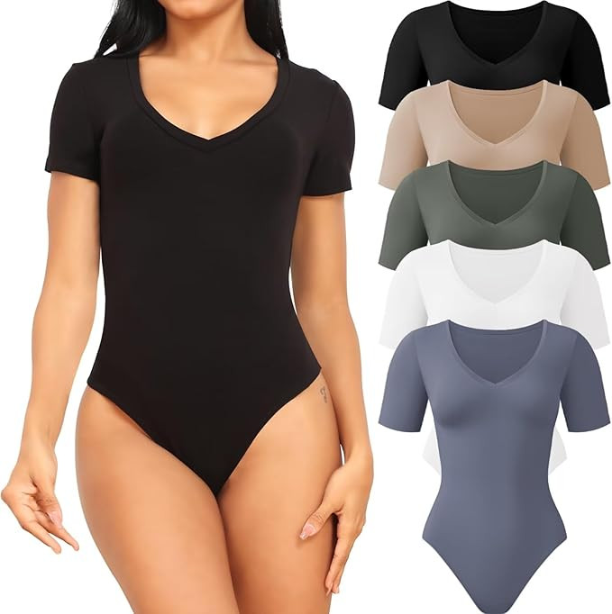 CE' CERDR 5 Pack Bodysuits for Women Short Sleeve Deep V Neck Tops T-shirt Bodysuit Casual Outfit... | Amazon (US)