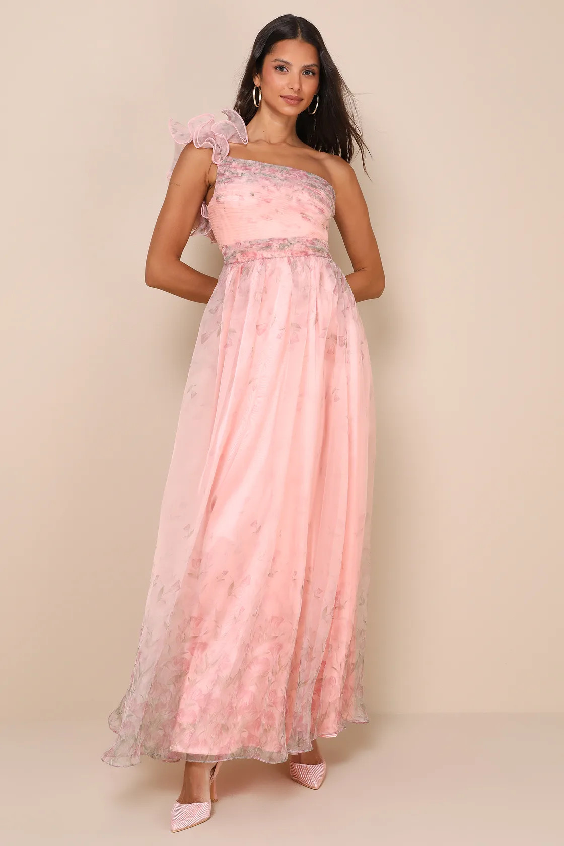 Decadent Dreamer Pink Floral Backless One-Shoulder Maxi Dress | Lulus