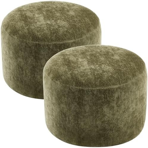 Upholstered Round Ottoman Set of 2, Green Pouf Ottoman, Modern Footstool with Soft Padded Seat & ... | Amazon (US)