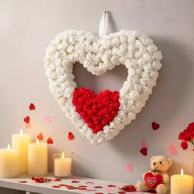 Heart-Shaped Flower Wreath 17.7 Inch Artificial Rose Wreath, Fake Rose Wreath for Valentine's Day Front Door Decoration, Suitable for Valentine's Day | Wayfair North America
