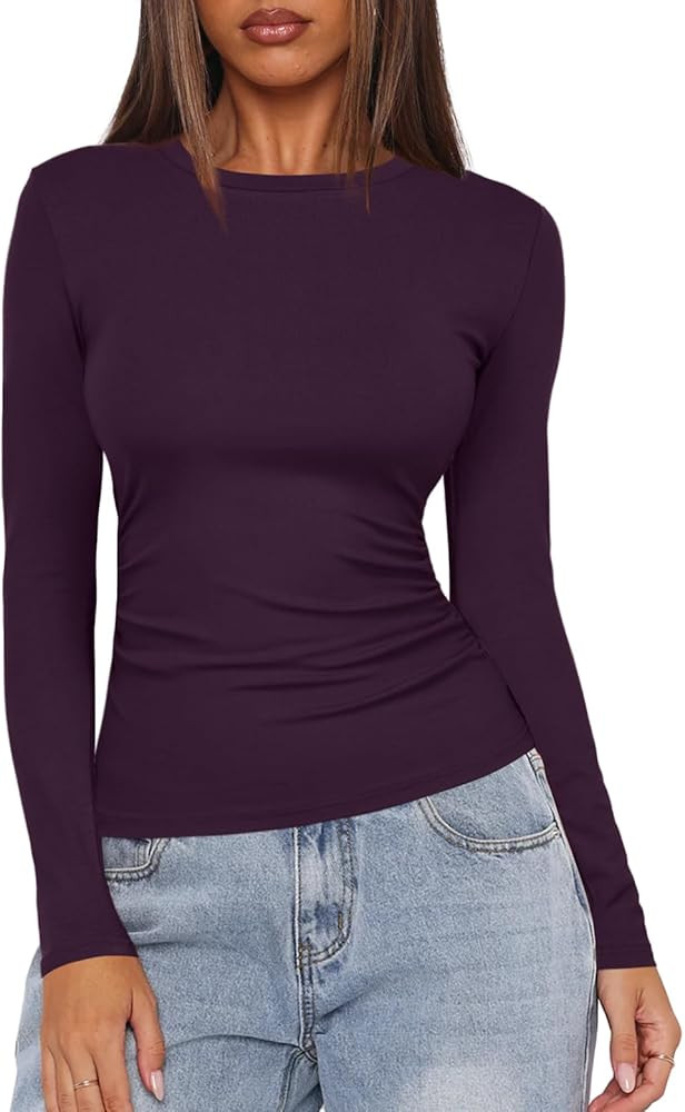 Darong Women's Long Sleeve Crew Neck Shirts Fall Basic Casual Ruched Side Slim Fit T Shirts Tee T... | Amazon (US)