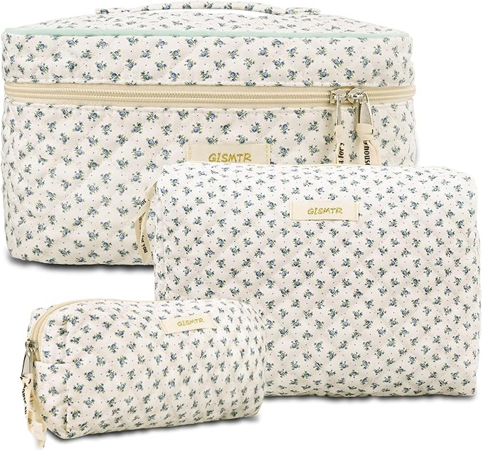 3Pcs Cotton Quilted Makeup Bag Large Travel Cosmetic Bag Coquette Makeup Pouch Cute Aesthetic Flo... | Amazon (US)