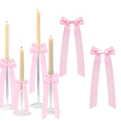 Meseey 12 Pcs Pink Candlestick Decoration Bows Candle Holder with 5X13.5 Inch Decorative Satin BowsFor Bridal Showers, Birthdays Centerpieces Table Decor(Pink) | Amazon (US)
